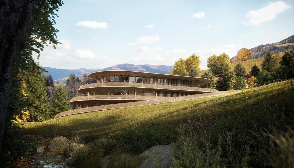 Gstaad House features a purpose-built exhibition center and private club in the Swiss Alps